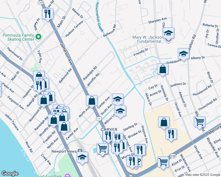 map of restaurants, bars, coffee shops, grocery stores, and more near 904 North Avenue in Newport News