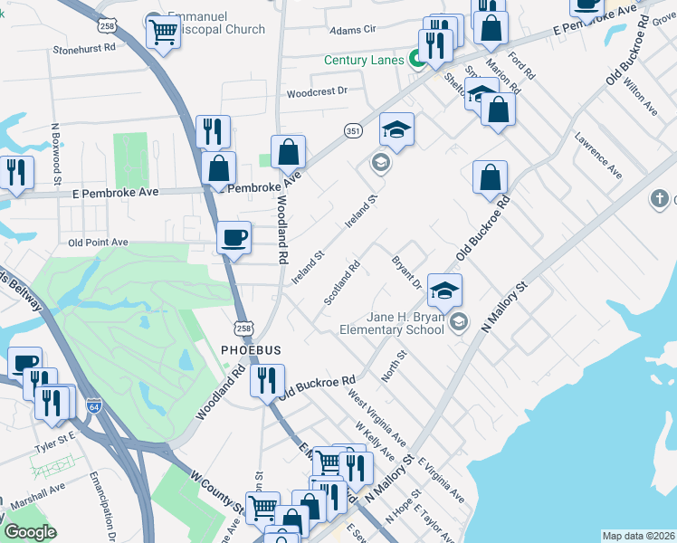 map of restaurants, bars, coffee shops, grocery stores, and more near 37 Scotland Road in Hampton