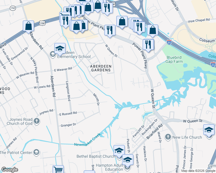 map of restaurants, bars, coffee shops, grocery stores, and more near 16 Newby Drive in Hampton