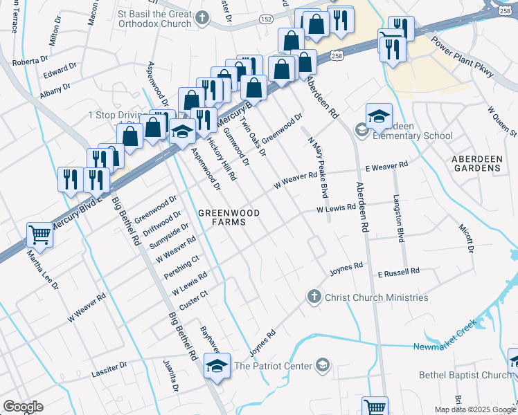 map of restaurants, bars, coffee shops, grocery stores, and more near 103 Hickory Hill Road in Hampton