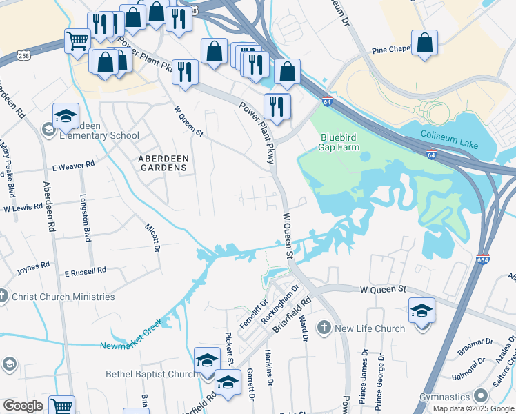 map of restaurants, bars, coffee shops, grocery stores, and more near 1111 Celia Court in Hampton