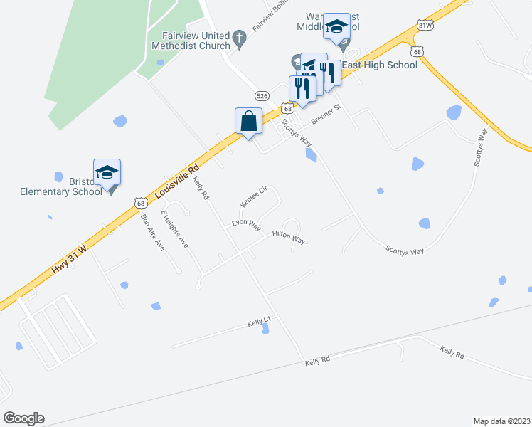 map of restaurants, bars, coffee shops, grocery stores, and more near Kenlee Circle in Bowling Green