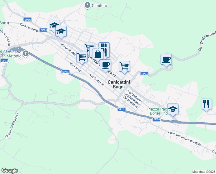 map of restaurants, bars, coffee shops, grocery stores, and more near 37 Via Masaniello in Canicattini Bagni