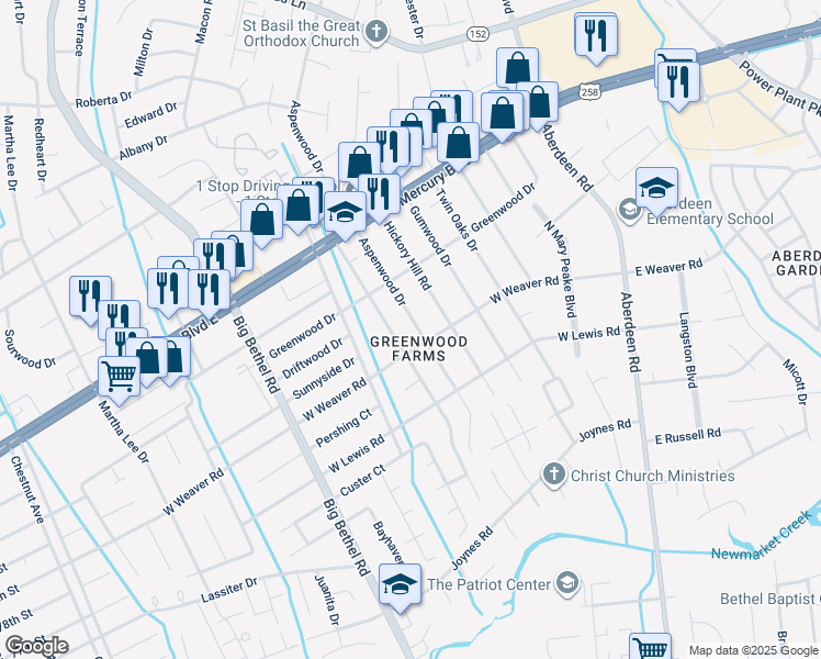 map of restaurants, bars, coffee shops, grocery stores, and more near 38 Aspenwood Drive in Hampton