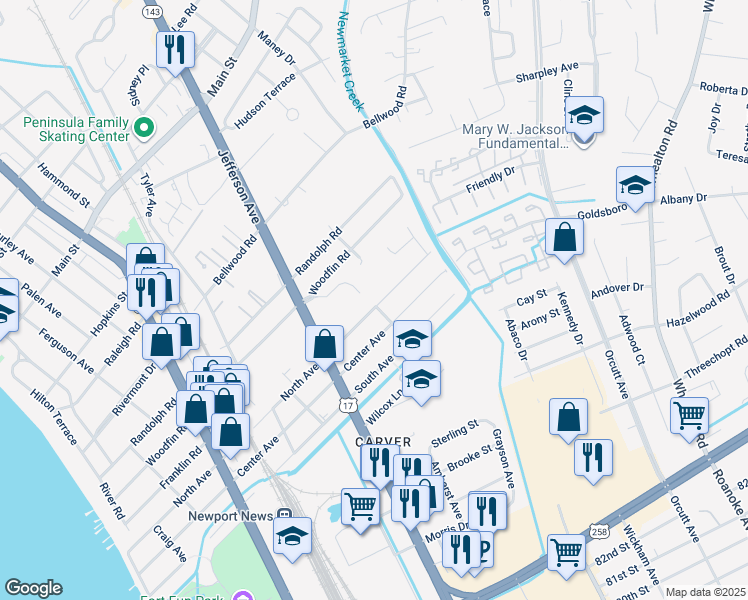 map of restaurants, bars, coffee shops, grocery stores, and more near 825 North Avenue in Newport News
