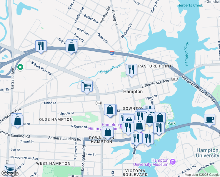 map of restaurants, bars, coffee shops, grocery stores, and more near 423 Harrison Street in Hampton