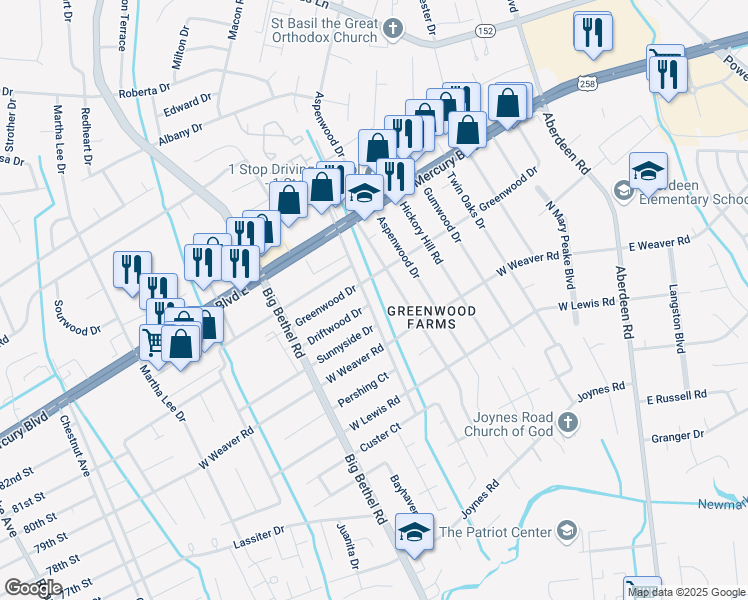map of restaurants, bars, coffee shops, grocery stores, and more near 26 Woodbury Forrest Drive in Hampton