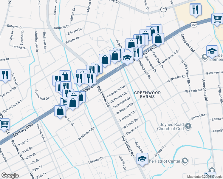 map of restaurants, bars, coffee shops, grocery stores, and more near 3317 Candlewood Drive in Hampton