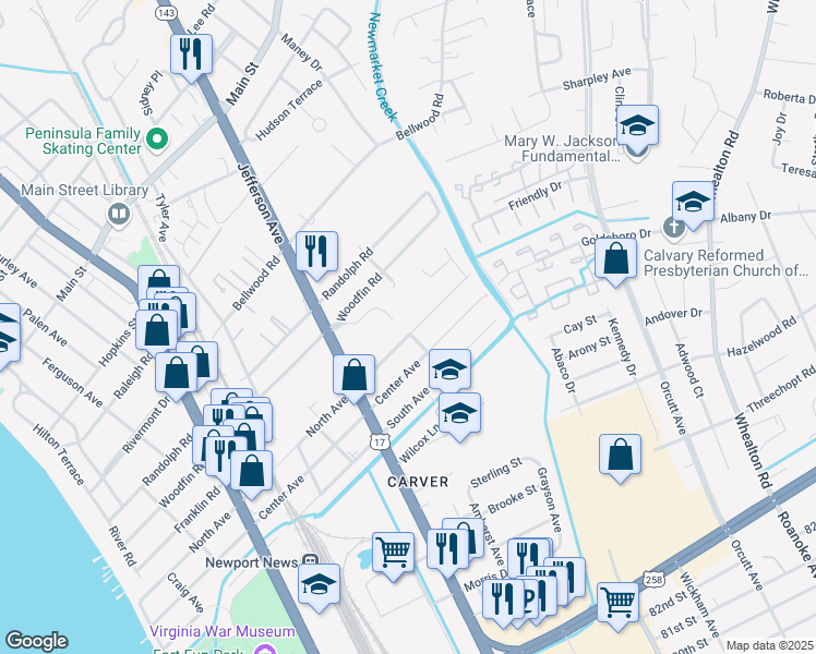 map of restaurants, bars, coffee shops, grocery stores, and more near 825 North Avenue in Newport News
