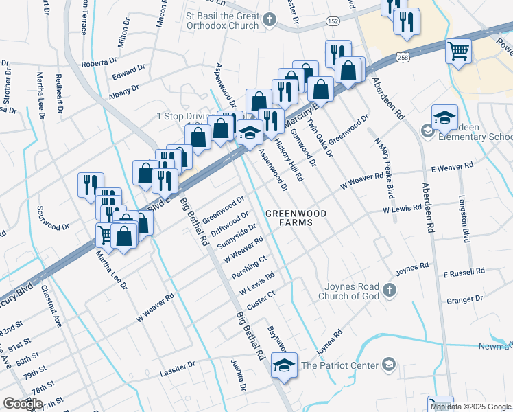 map of restaurants, bars, coffee shops, grocery stores, and more near 26 Woodbury Forrest Drive in Hampton
