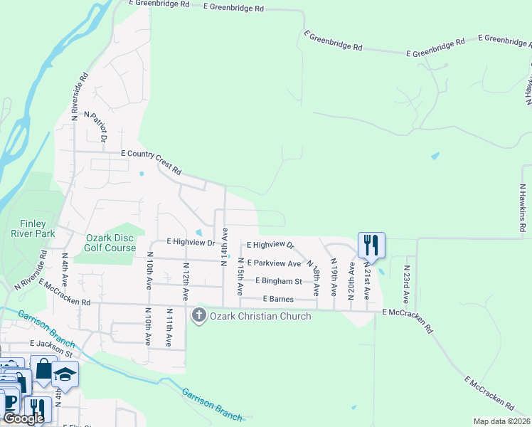 map of restaurants, bars, coffee shops, grocery stores, and more near 1507 East Highview Drive in Ozark