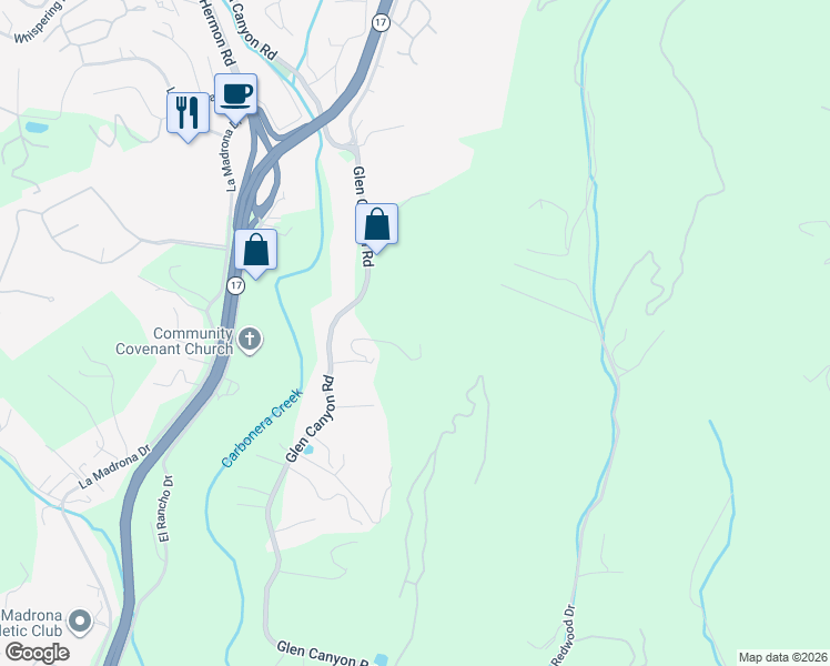map of restaurants, bars, coffee shops, grocery stores, and more near 260 Humbug Lane in Scotts Valley
