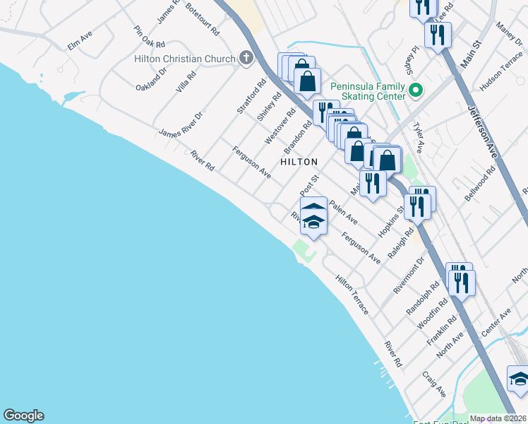 map of restaurants, bars, coffee shops, grocery stores, and more near 502 River Road in Newport News