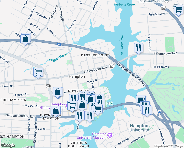 map of restaurants, bars, coffee shops, grocery stores, and more near 394 Eaton Street in Hampton