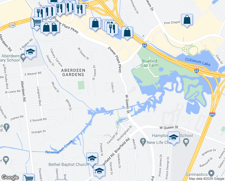 map of restaurants, bars, coffee shops, grocery stores, and more near 1005 Celia Court in Hampton
