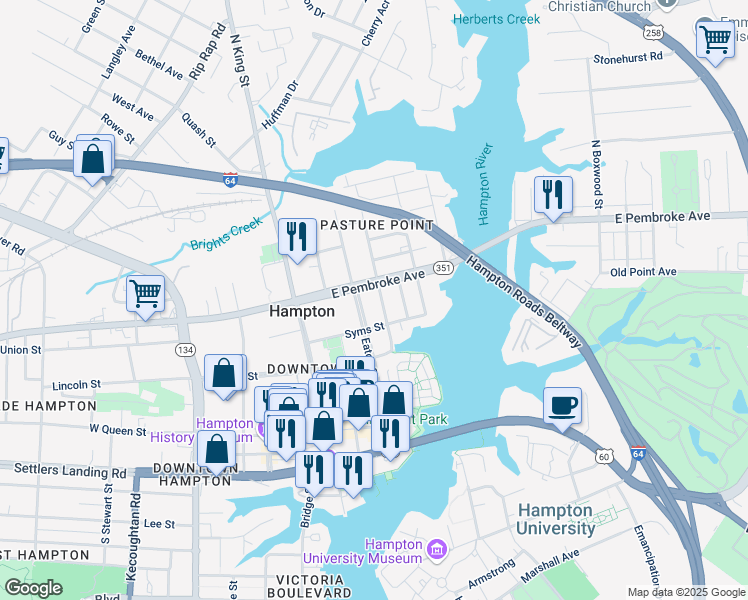 map of restaurants, bars, coffee shops, grocery stores, and more near 335 Washington Street in Hampton