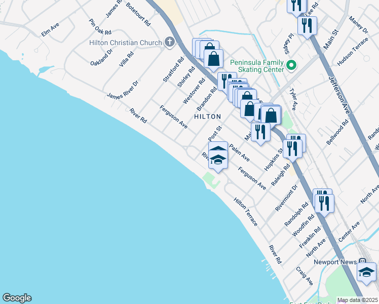 map of restaurants, bars, coffee shops, grocery stores, and more near 2 Milford Road in Newport News