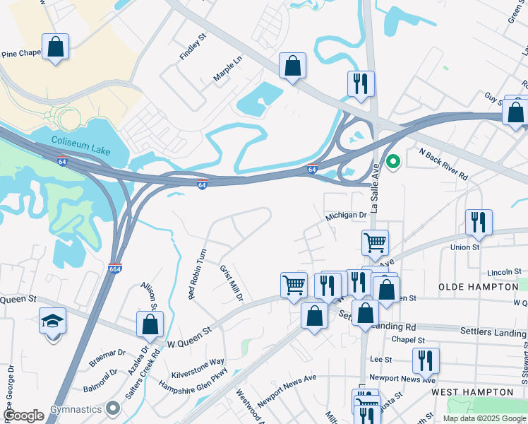 map of restaurants, bars, coffee shops, grocery stores, and more near 43 Red Robin Turn in Hampton