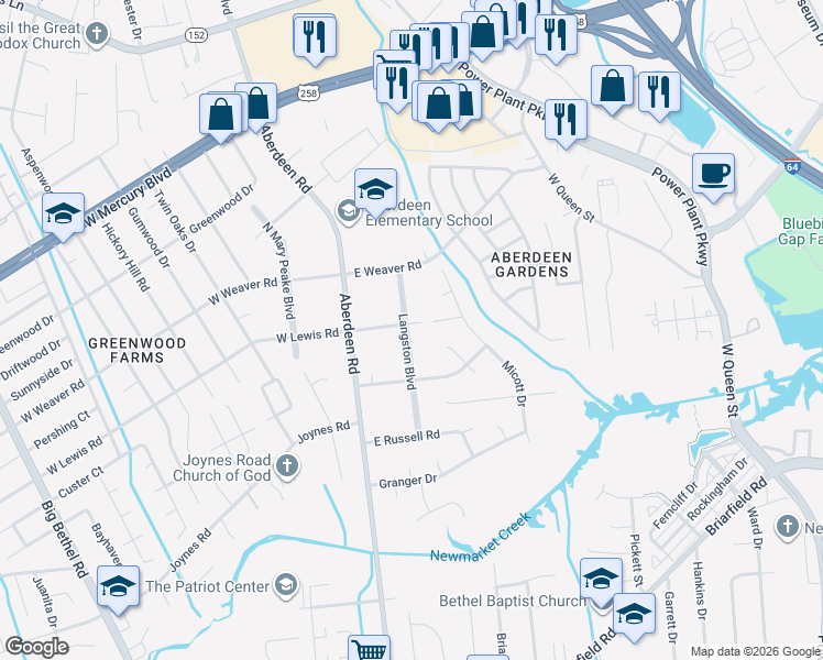map of restaurants, bars, coffee shops, grocery stores, and more near 15 East Lewis Road in Hampton