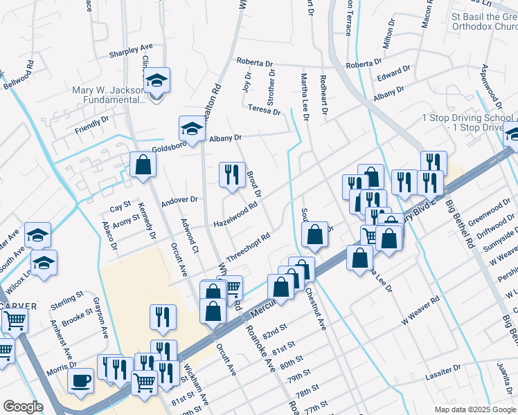 map of restaurants, bars, coffee shops, grocery stores, and more near 335 Brout Drive in Hampton
