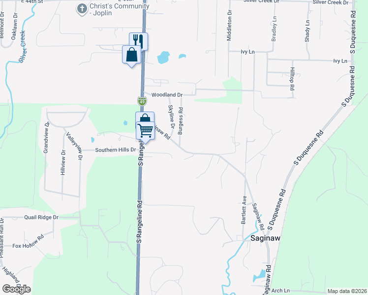 map of restaurants, bars, coffee shops, grocery stores, and more near 301 Saginaw Road in Joplin