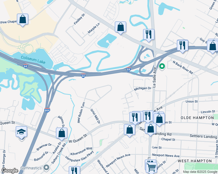 map of restaurants, bars, coffee shops, grocery stores, and more near 43 Red Robin Turn in Hampton