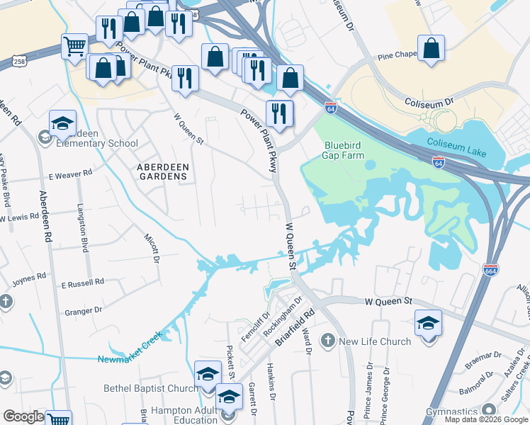 map of restaurants, bars, coffee shops, grocery stores, and more near 1625 Power Plant Parkway in Hampton