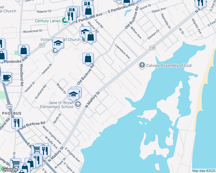 map of restaurants, bars, coffee shops, grocery stores, and more near 1311 North Mallory Street in Hampton