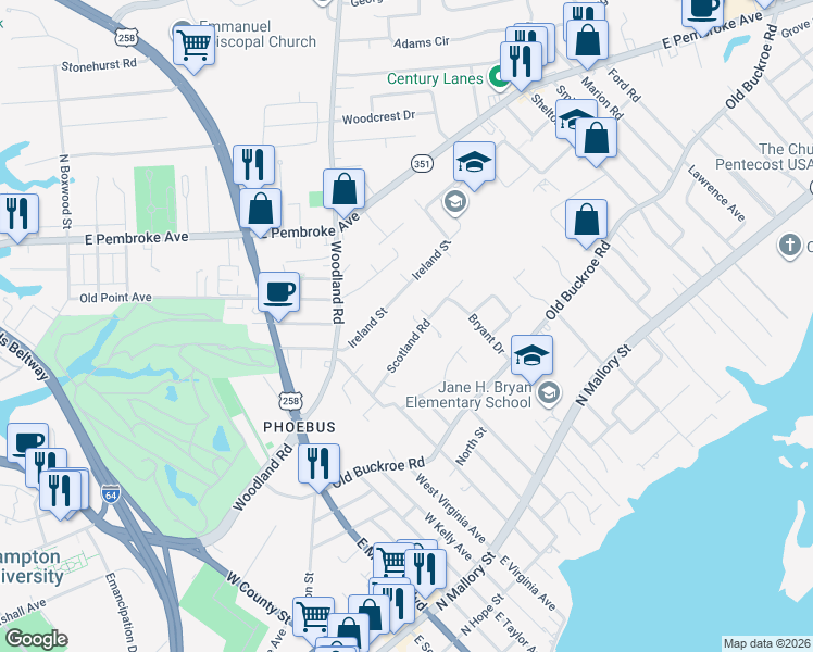 map of restaurants, bars, coffee shops, grocery stores, and more near 37 Scotland Road in Hampton