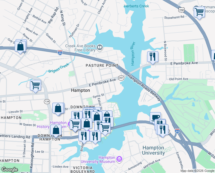 map of restaurants, bars, coffee shops, grocery stores, and more near 329 Center Street in Hampton