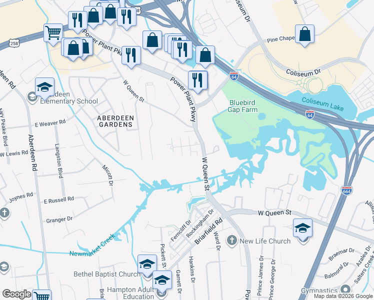 map of restaurants, bars, coffee shops, grocery stores, and more near 1625 Power Plant Parkway in Hampton