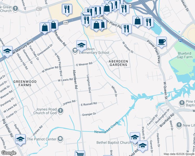 map of restaurants, bars, coffee shops, grocery stores, and more near 15 East Lewis Road in Hampton