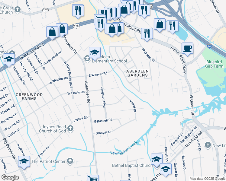 map of restaurants, bars, coffee shops, grocery stores, and more near 15 East Lewis Road in Hampton
