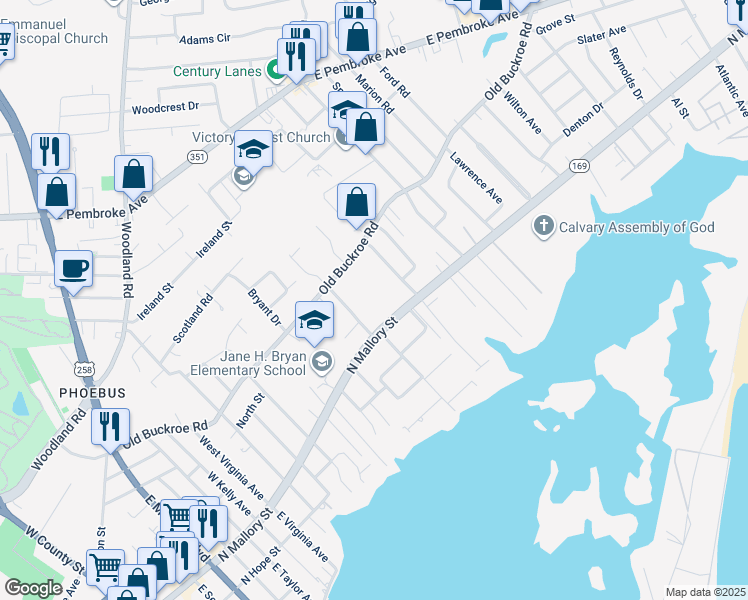 map of restaurants, bars, coffee shops, grocery stores, and more near 20 Maroney Lane in Hampton