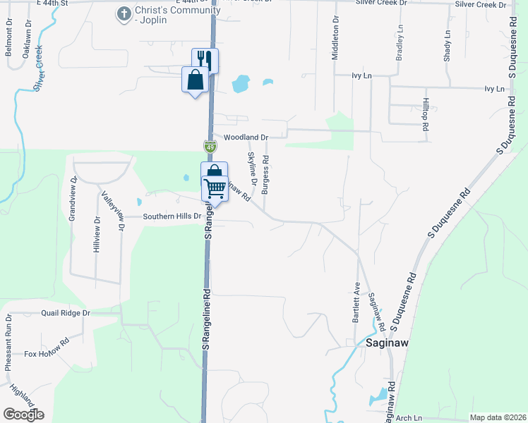 map of restaurants, bars, coffee shops, grocery stores, and more near 301 Saginaw Rd in Joplin