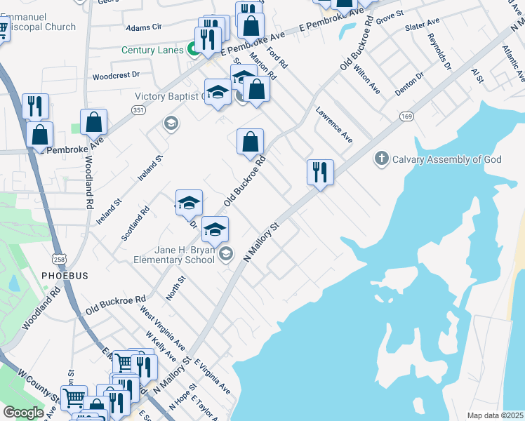 map of restaurants, bars, coffee shops, grocery stores, and more near 20 Maroney Lane in Hampton