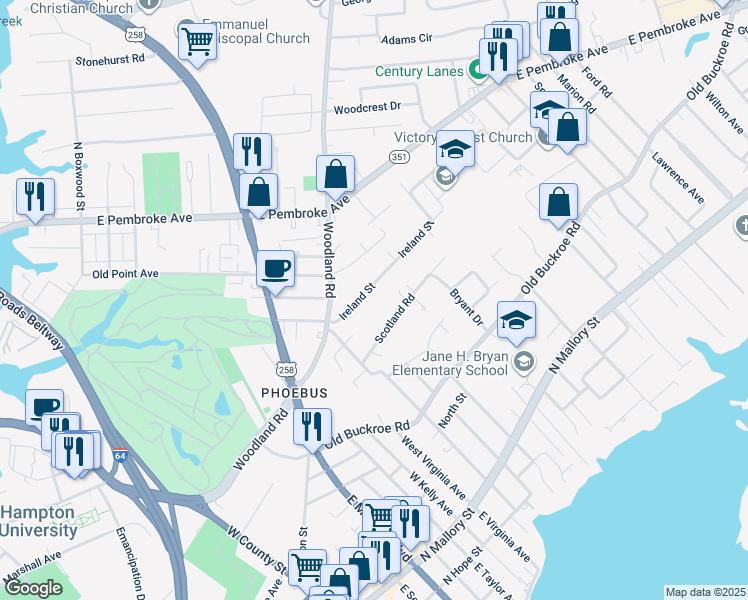 map of restaurants, bars, coffee shops, grocery stores, and more near 30 Ireland Street in Hampton