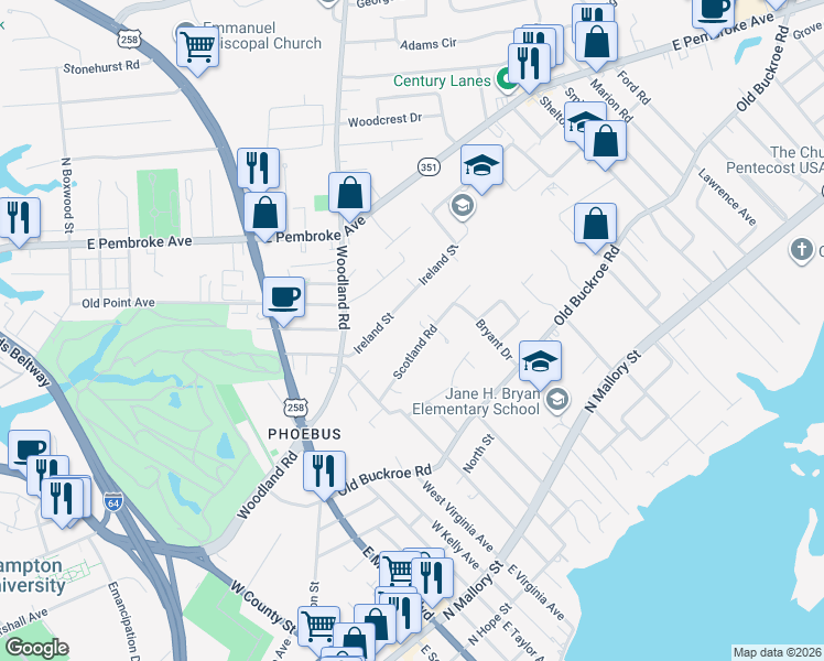 map of restaurants, bars, coffee shops, grocery stores, and more near 37 Scotland Road in Hampton