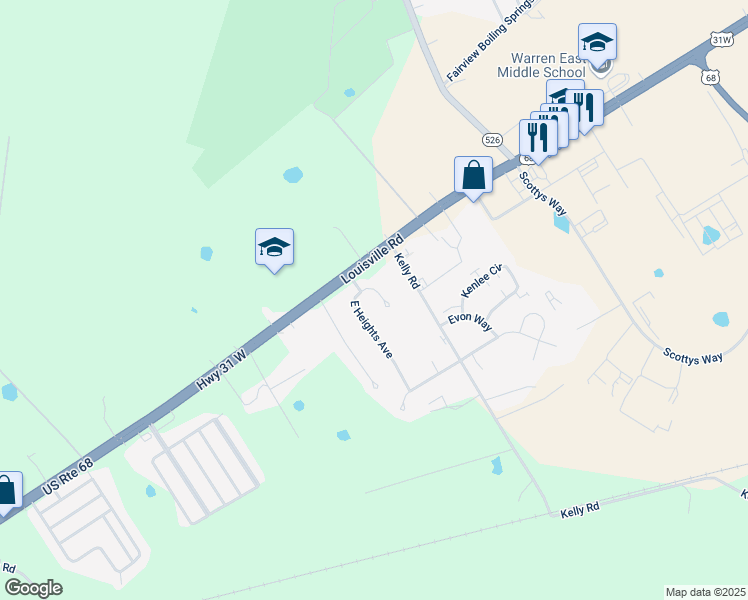 map of restaurants, bars, coffee shops, grocery stores, and more near 65 Rocky Court in Bowling Green