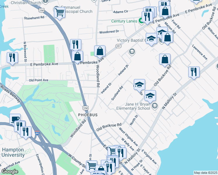 map of restaurants, bars, coffee shops, grocery stores, and more near 28 Ireland Street in Hampton