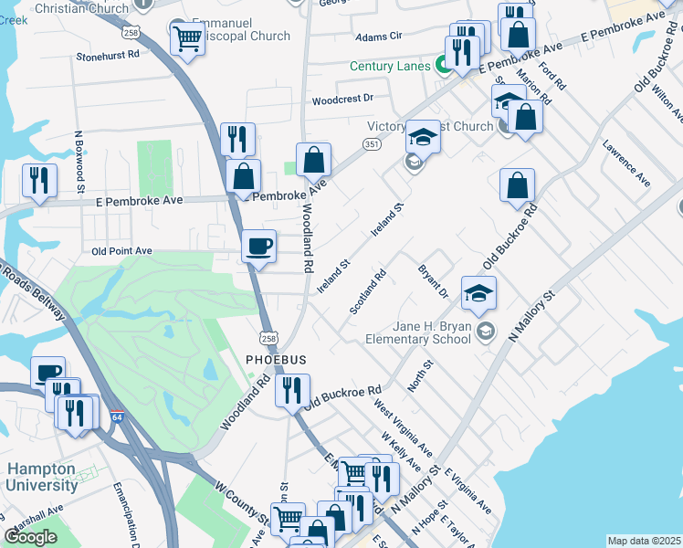 map of restaurants, bars, coffee shops, grocery stores, and more near 28 Ireland Street in Hampton