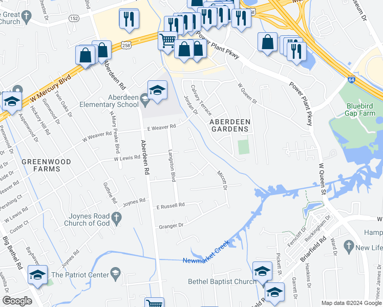 map of restaurants, bars, coffee shops, grocery stores, and more near 22 East Lewis Road in Hampton