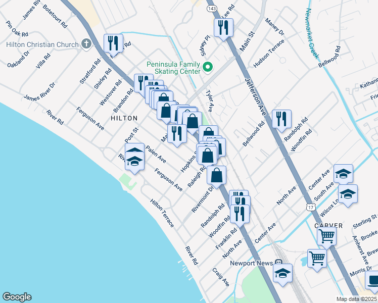 map of restaurants, bars, coffee shops, grocery stores, and more near 201 Piez Avenue in Newport News