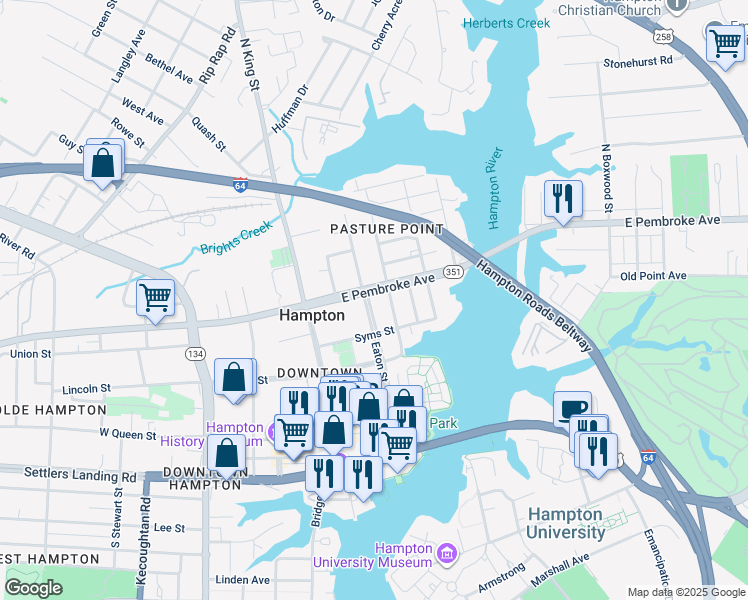 map of restaurants, bars, coffee shops, grocery stores, and more near 394 Eaton Street in Hampton