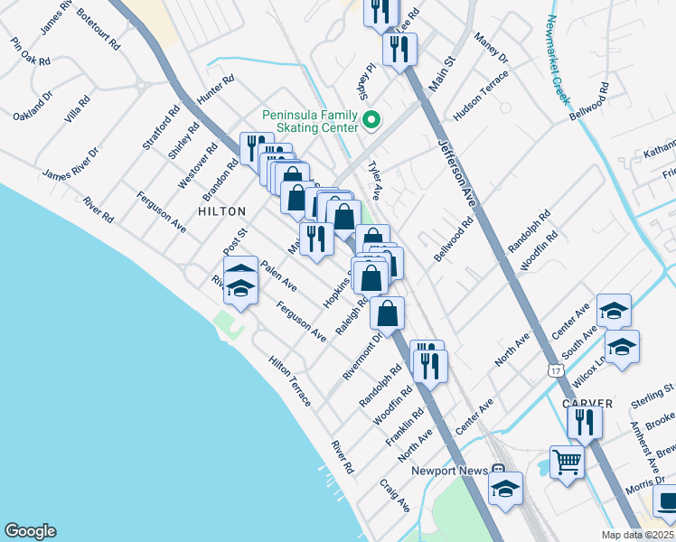 map of restaurants, bars, coffee shops, grocery stores, and more near 201 Piez Avenue in Newport News