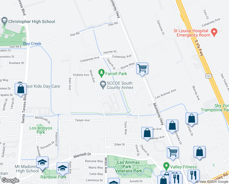 map of restaurants, bars, coffee shops, grocery stores, and more near 198 Farrell Avenue in Gilroy