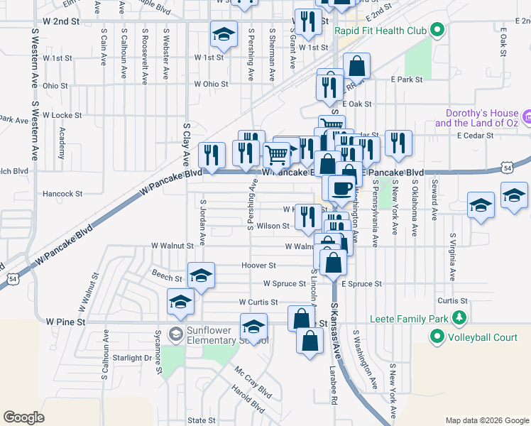 map of restaurants, bars, coffee shops, grocery stores, and more near 124 West Hickory Street in Liberal