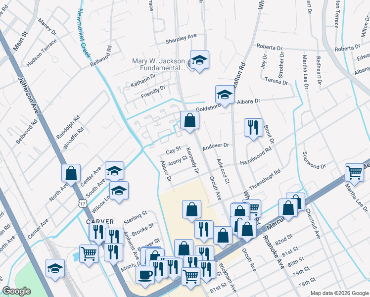 map of restaurants, bars, coffee shops, grocery stores, and more near 5001 Cay Street in Newport News
