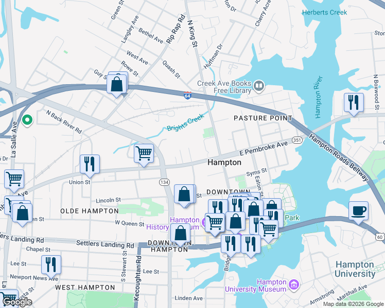 map of restaurants, bars, coffee shops, grocery stores, and more near 423 Harrison Street in Hampton