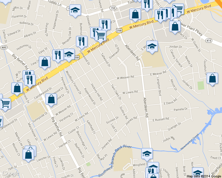 map of restaurants, bars, coffee shops, grocery stores, and more near 108 Twin Oaks Drive in Hampton
